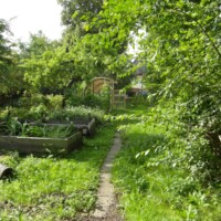 Gartenweg mit Hochbeeten und Laubengang, Pergola-Struktur im Hintergrund