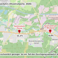 Eine Karte, die die Anteile des Durchgangsverkehrs auf der B 167 an verschiedenen Stellen in Eberswalde zeigt. Sie liegen zwischen 5% (Bahnhofsbrücke) und ca. 10% (Außenbezirke)